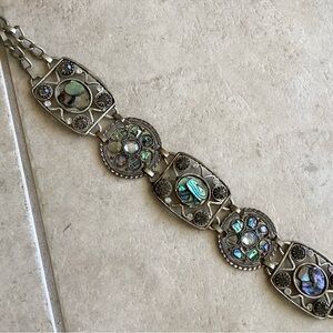 Chicos Abalone shell/ rhinestone silver tone metal chain link belt